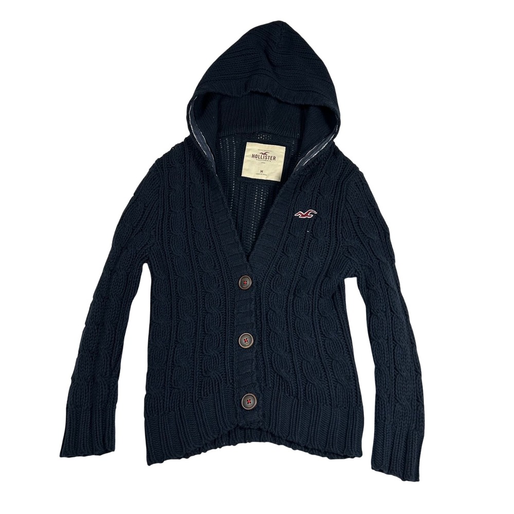 Hollister Cable Knit Hoodie Women's Medium Cardigan Sweater Y2K Chunky Cozy